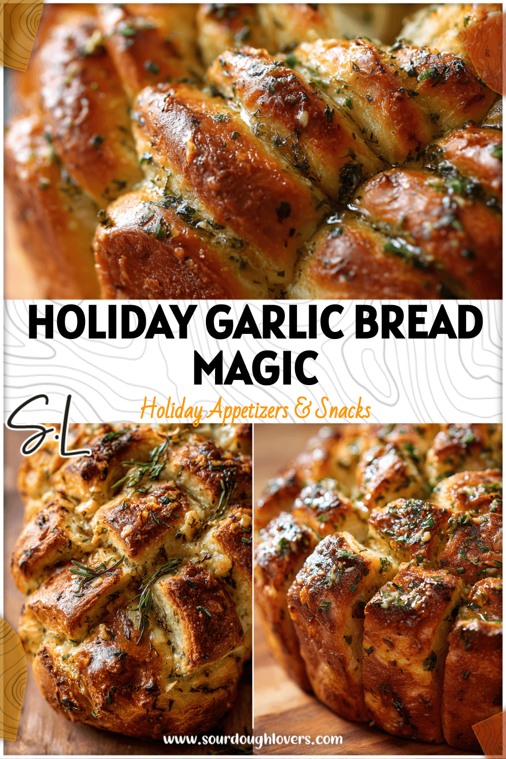 Pull-apart roasted garlic and herb sourdough bread baked in a tree shape and brushed with melted butter